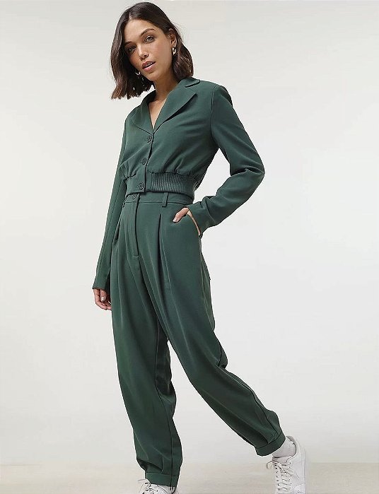 Conjunto NV Calça + Blazer Cropped Verde Escuro
