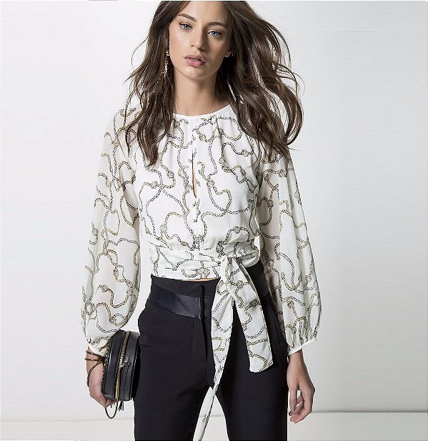 Blusa Animale Estampa Correntes Branca e Cinza