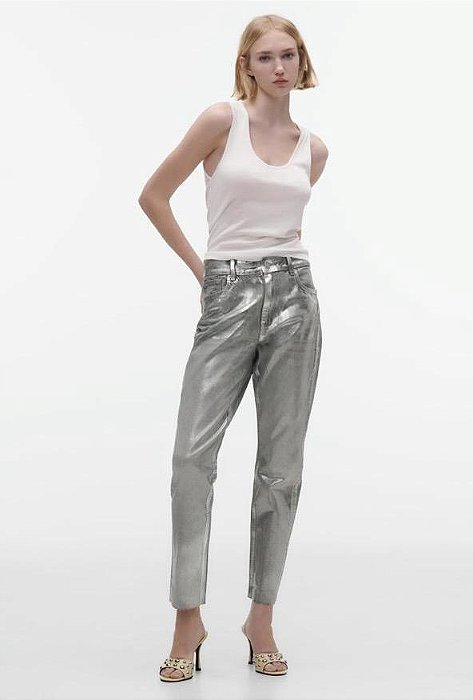 Calça Zara Prata Jeans Resinada