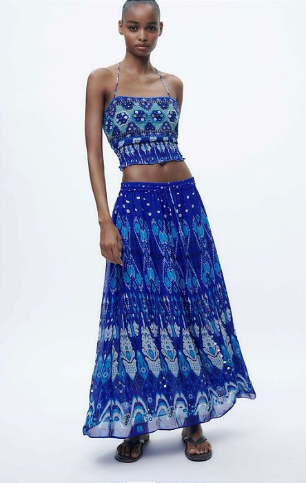 Saia Zara Longa Estampa Azul