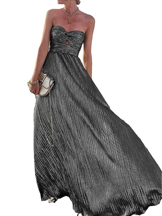 Vestido Bhava Sem Alças Prata Longo