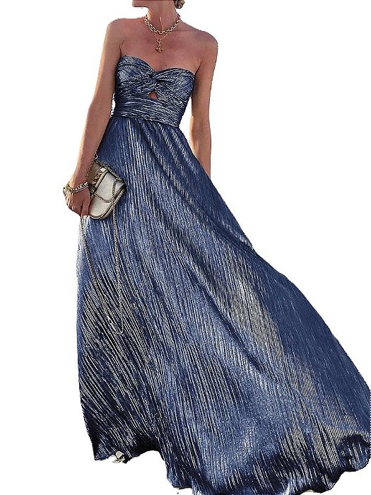 Vestido Bhava Sem Azul Metalizado Prata Longo