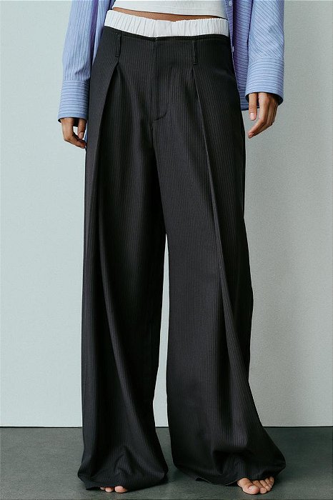Calça Pantalona Zara Azul Marinho Risca de Giz Modelo Boxer