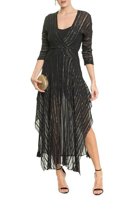 Vestido Ateen Preto Fios Dourados Seda