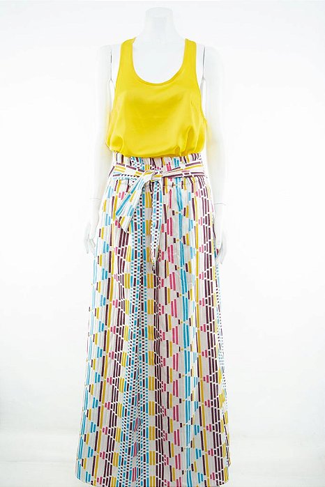 Saia Mixed Branca Estampada Longa com Cinto Faixa