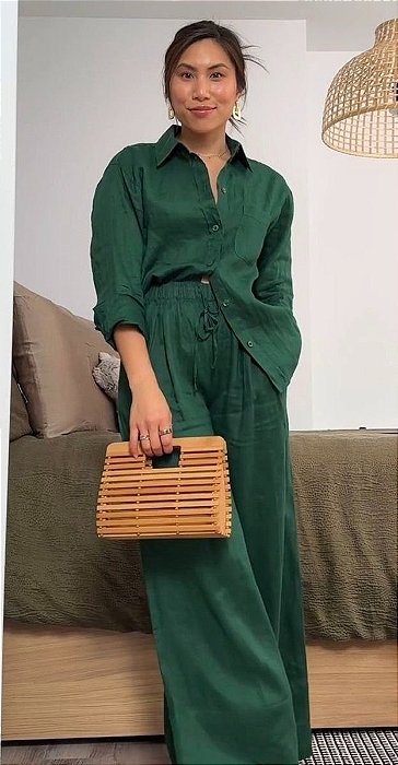 Conjunto Verde Escuro Zara Calça e Camisa Linho