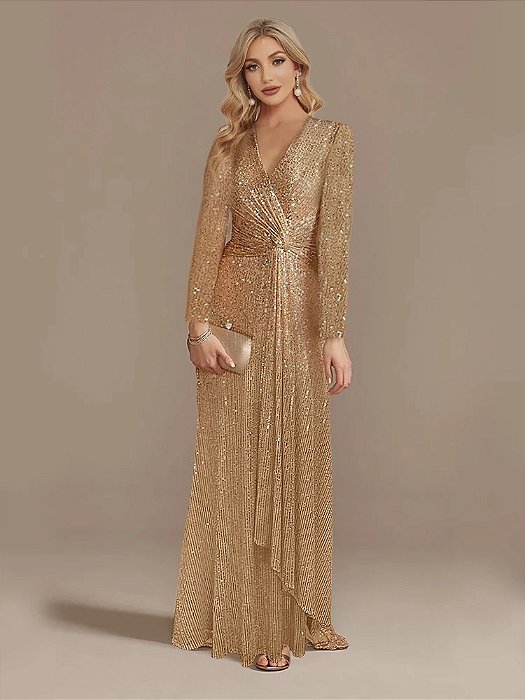 Vestido Bhava Dourado Paetês Manga Longa