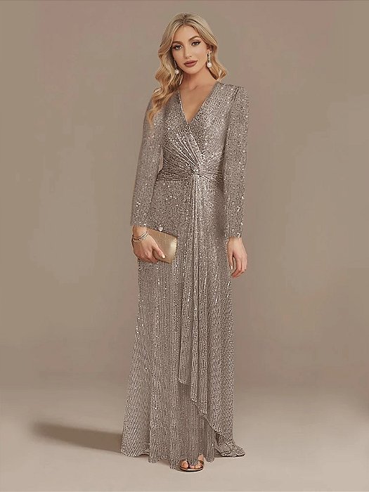 Vestido Bhava Prata Paetês Manga Longa