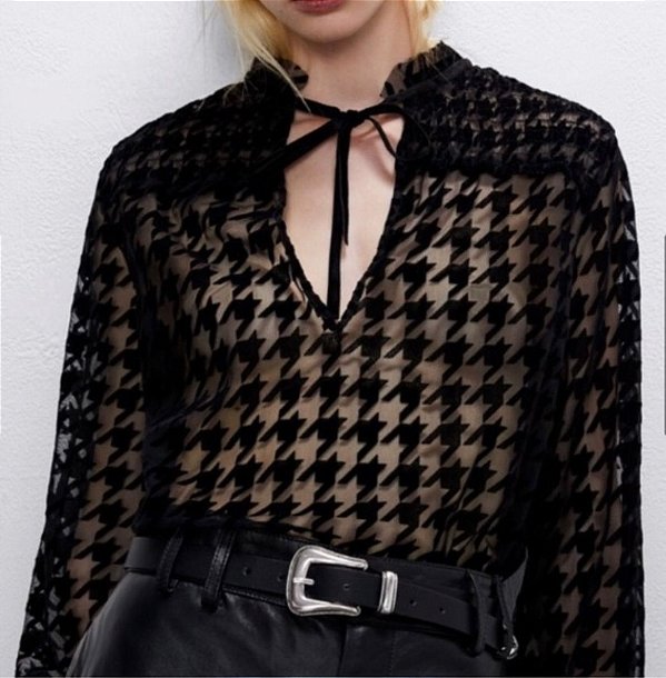Blusa Zara Manga Longa Estampa Pied Coq Preta