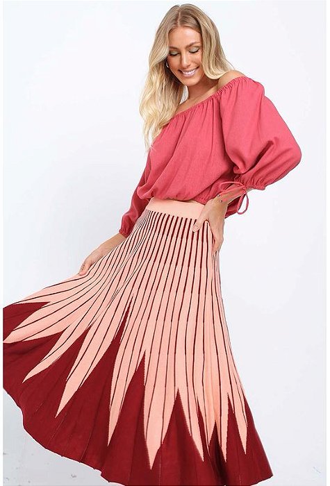 Saia Maria Filó Tricot Bicolor Midi Vinho e Rosé
