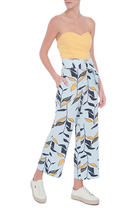 Calça Maria Filó Modelo Papiro Azul Estampa Amarelo