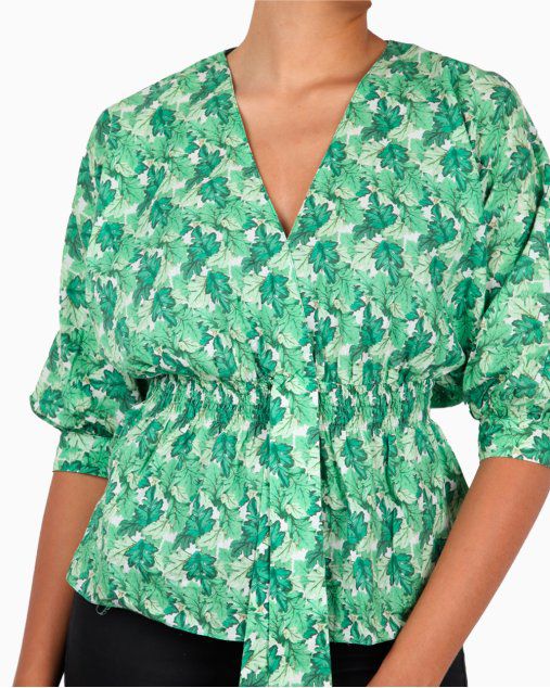 Blusa Adriana Degreas Algodão Estampa Folhas Verde  ⁠