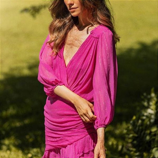 Vestido Ateen Curto Manga Comprida Rosa fio Dourado Seda e Lurex