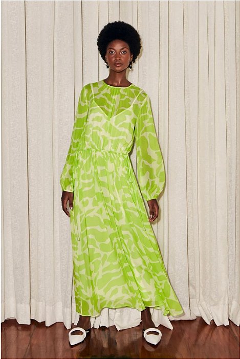 Vestido Andrea Marques Longo Manga Comprida Estampa Verde e Branco Seda