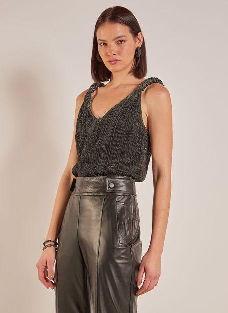 Blusa Le Lis Blanc Prata Lurex Cropped Alça Nó