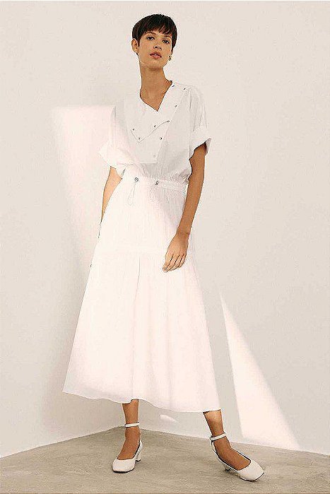 Vestido Andrea Marques Modelo Chemise Elástico na Cintura e Botões Diagonal Branco