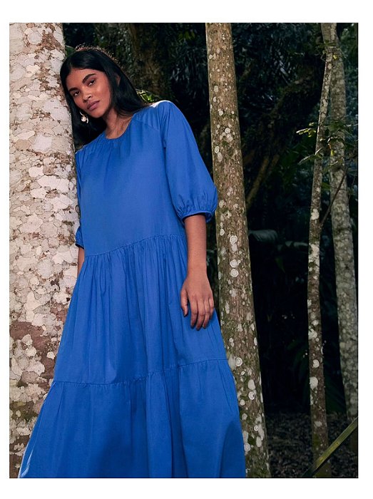 Vestido Andrea Marques Modelo Midi Manga Média Algodão Azul