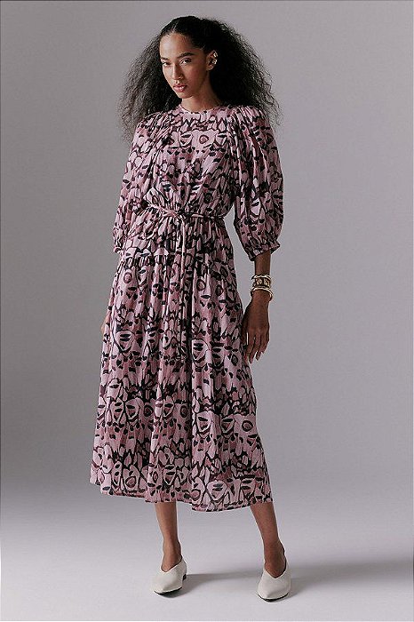 Vestido Andrea Marques Midi Manga Média Algodão Estampa Alma Rosada