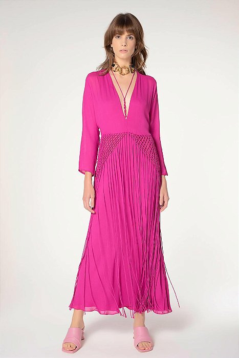Vestido Cris Barros Modelo Ibri Franjas Rosa Viscose Creponada