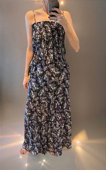 Conjunto Ateen Saia Longa e Blusa Seda Lurex Floral Roxo