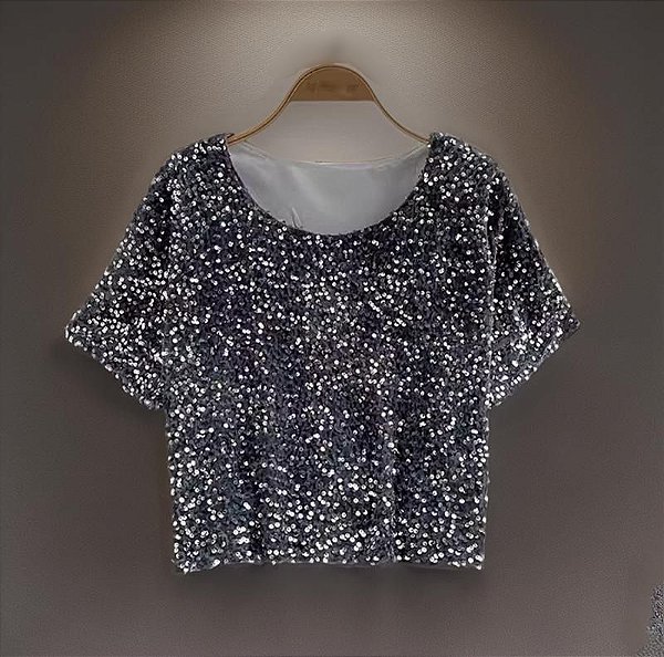 Blusa Bhava Cinza Paetê e Veludo