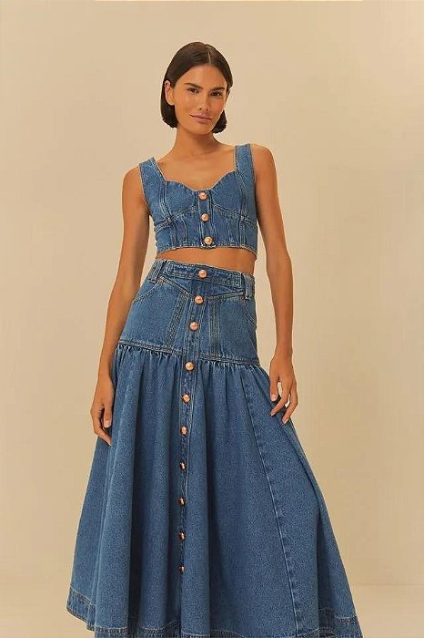 Saia Farm Modelo Midi Godê Cintura Marcada Jeans