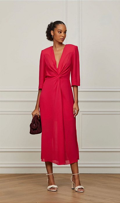 Vestido Animale Rosa Midi Manga Média Crepe Georgette