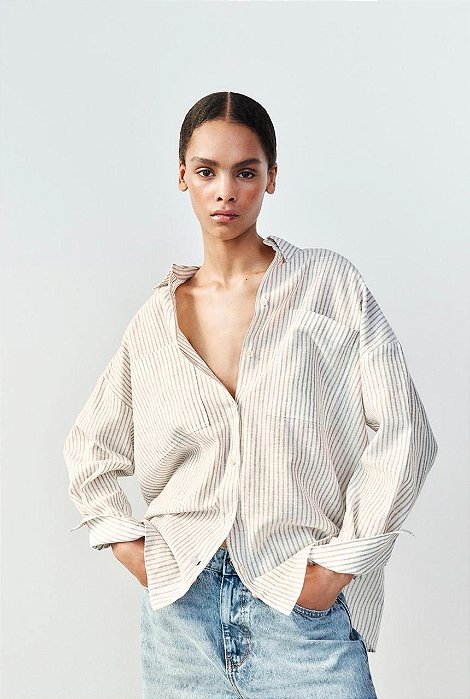 Camisa Zara Tipo Linho Listrada Fio Metalizado Branco e Bege