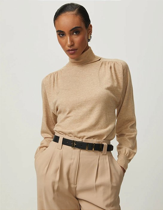 Blusa Shoulder Tricot Gola Alta Franzido Ombro Bege