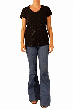 Blusa Le Lis Blanc Manga Curta Preta Paetês