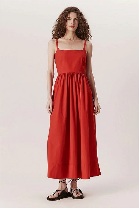 Vestido Andrea Marques Modelo Midi Franzido com Decote Quadrado Vermelho