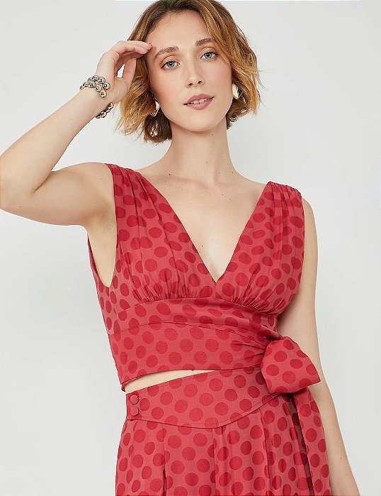 Blusa Maria Filó Modelo Cropped Decote V Faixa Cruzada na Cintura