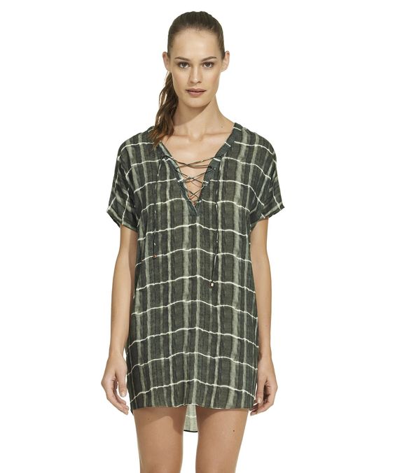 Vestido/Saída de Praia VIX Curto Estampa Verde e Branco