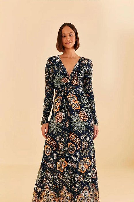 Vestido Longo Farm Azul - Laranja Estampa Abacaxi