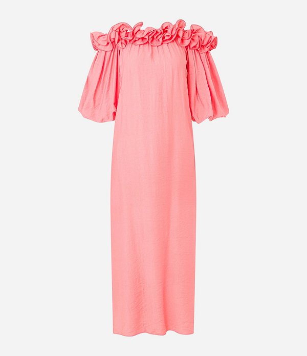 Vestido Marfino Babados Ombro Laranja/Rosa