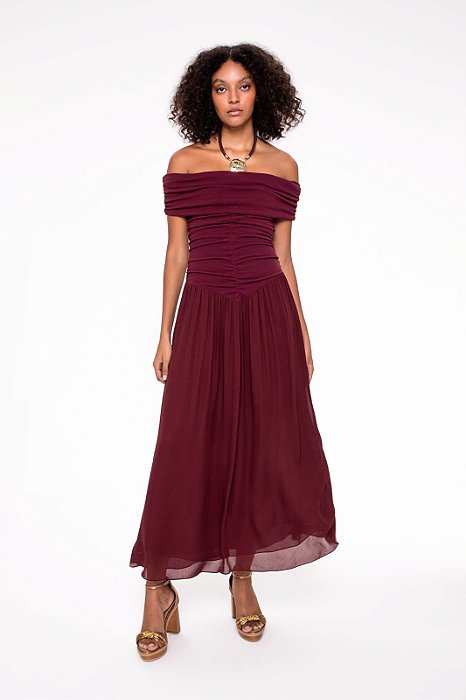 Vestido Cris Barros Modelo Iracema Ombro a Ombro Vinho