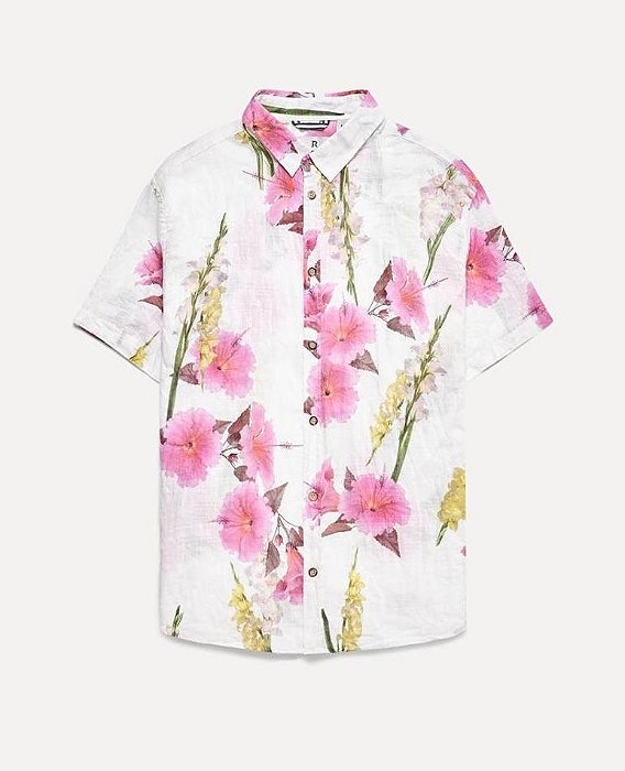 Camisa Reserva Manga Curta Estampa Floral Rosa Fundo Branco