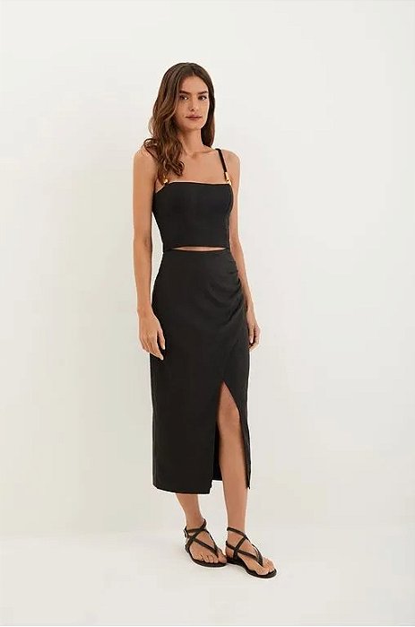 Saia Vix Preta Modelo Midi Fleur