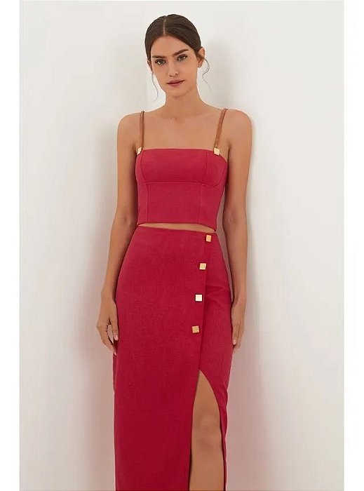 Conjunto Vix Vermelho Cereja Saia + Cropped Modelo Summerwine