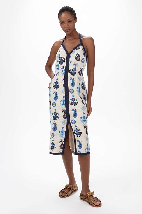Vestido Cris Barros Branco e Azul Estampado Modelo Demeter