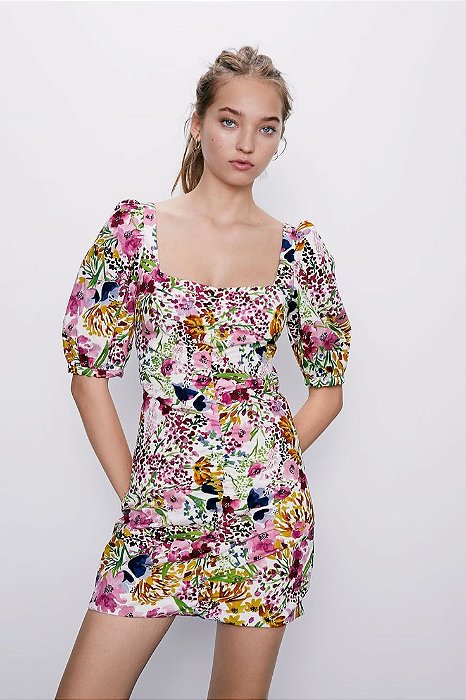Vestido Zara Estampado Florido Curto Mangas Franzido