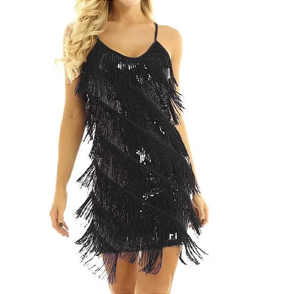 Vestido Bhava Preto Franjas e Paetês