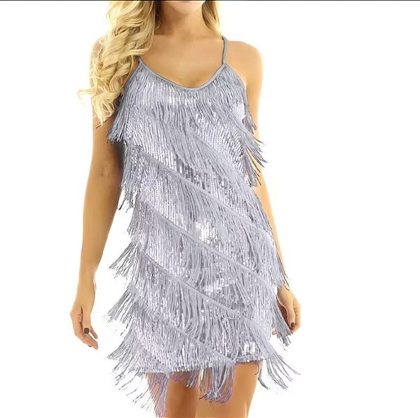 Vestido Bhava Prata Franjas e Paetês