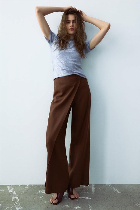 Calça Zara Marrom de Linho Modelo Pareô