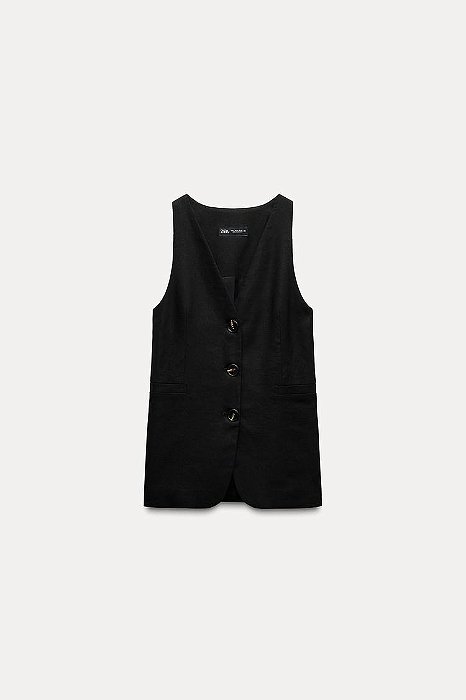 Colete Zara Preto Alongado de Linho