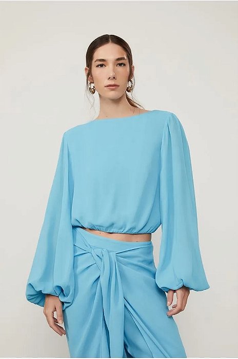 Cropped Animale Azul Manga Longa de Crepe Georgette