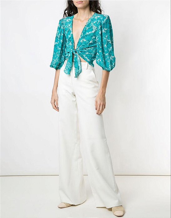 Blusa Adriana Degreas Azul - Branca - Estampada Mangas Bufantes