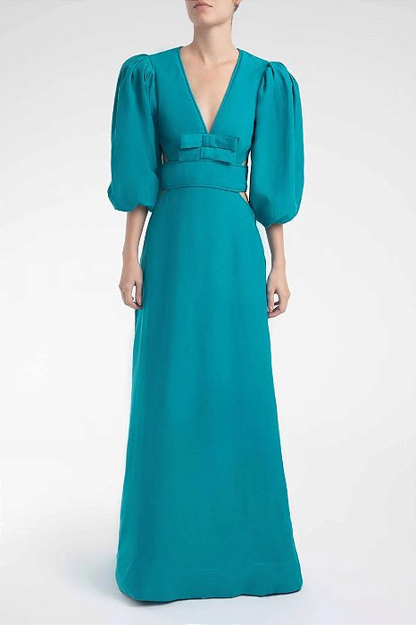 Vestido Adriana Degreas Azul Laços Decote V Manga bufante