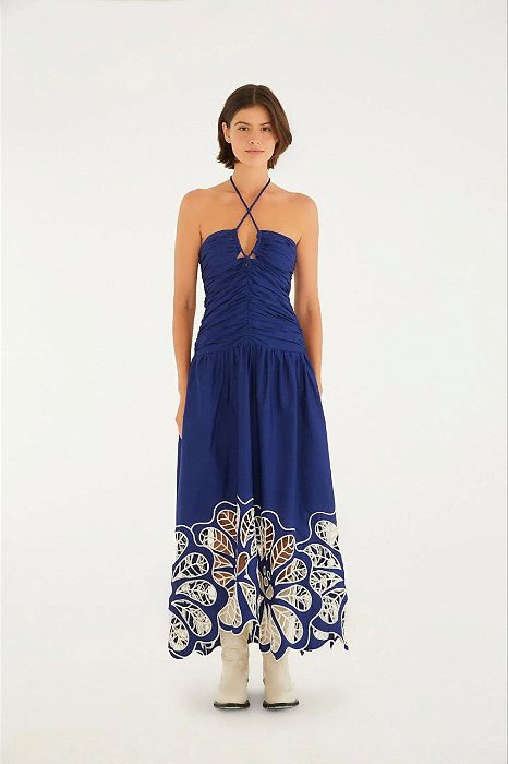 Vestido Farm Azul Bordado Richelieu Branco