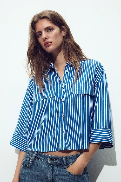 Camisa Zara Azul Listrada Modelo Cropped
